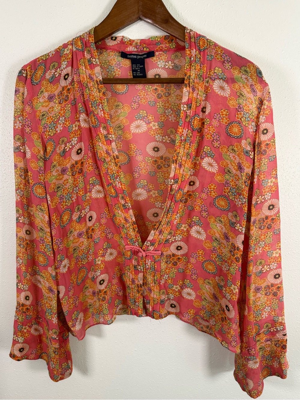 Boston Proper Vintage Y2K Silk Floral Bell Sleeve Blouse Size M